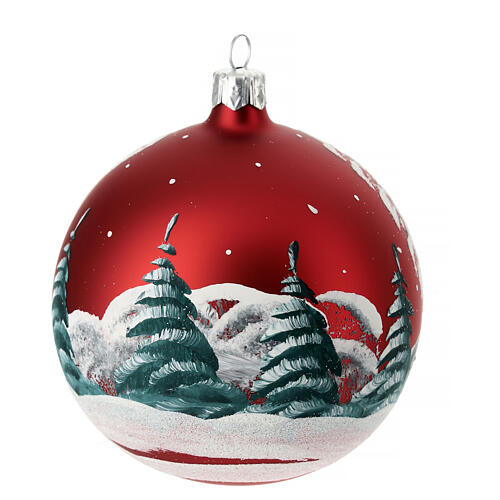 Boule Noël paysage enneigé avec clôture verre soufflé 100 mm rouge mat 8