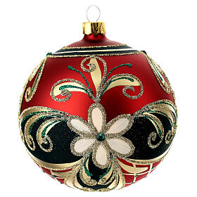 Opaque red Christmas ball with golden flowers and dark green glitter, blown glass, 100 mm