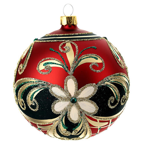 Opaque red Christmas ball with golden flowers and dark green glitter, blown glass, 100 mm 1