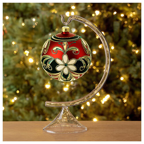 Opaque red Christmas ball with golden flowers and dark green glitter, blown glass, 100 mm 4