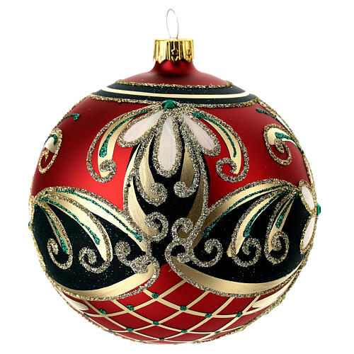 Opaque red Christmas ball with golden flowers and dark green glitter, blown glass, 100 mm 6