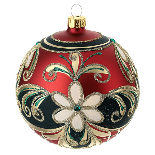 Opaque red Christmas ball with golden flowers and dark green glitter, blown glass, 100 mm 7