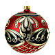 Opaque red Christmas ball with golden flowers and dark green glitter, blown glass, 100 mm s6