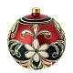 Opaque red Christmas ball with golden flowers and dark green glitter, blown glass, 100 mm s7