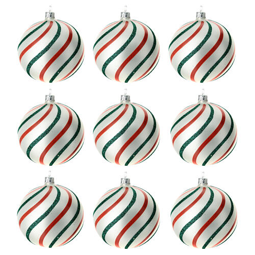 Set of 9 Christmas balls, white red and green blown glass, 100 mm 1