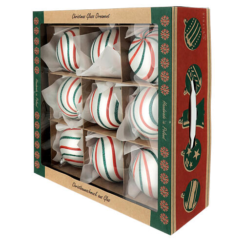 Set of 9 Christmas balls, white red and green blown glass, 100 mm 6