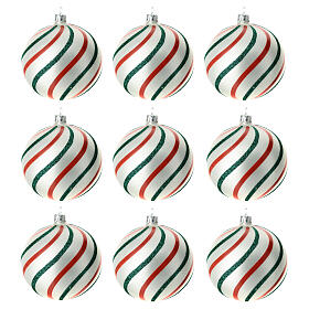 Set 9 palline natalizie bianche rosse verdi vetro soffiato 100 mm