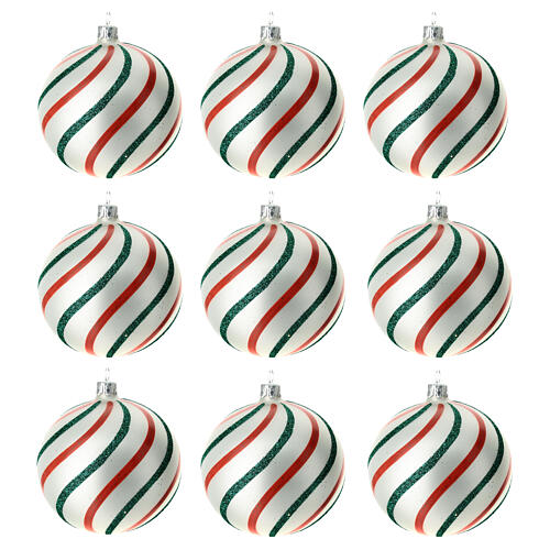 Conjunto 9 bolas de Natal vidro soprado branco vermelho verde 100 mm 2