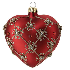 Heart-shaped Christmas ball, opaque red with golden glittery network and pearls, blown glass, 100 mm