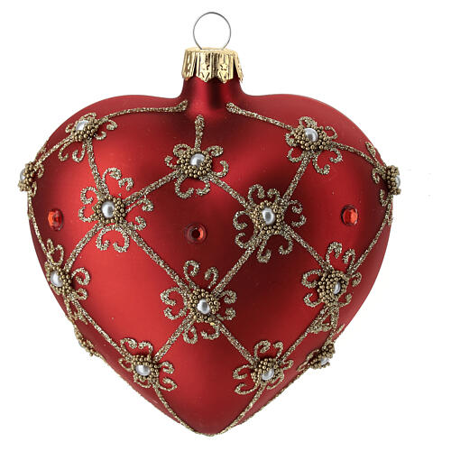 Heart-shaped Christmas ball, opaque red with golden glittery network and pearls, blown glass, 100 mm 2