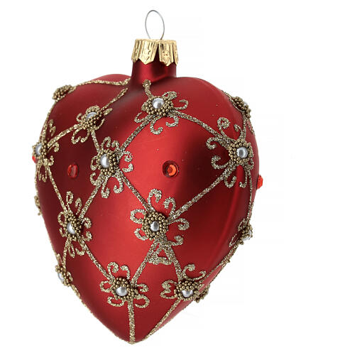 Heart-shaped Christmas ball, opaque red with golden glittery network and pearls, blown glass, 100 mm 3