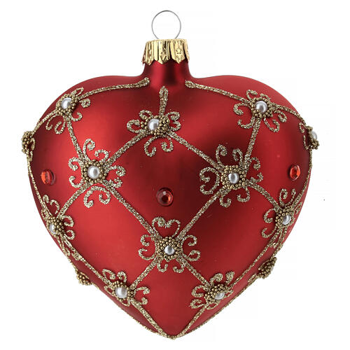 Heart-shaped Christmas ball, opaque red with golden glittery network and pearls, blown glass, 100 mm 5