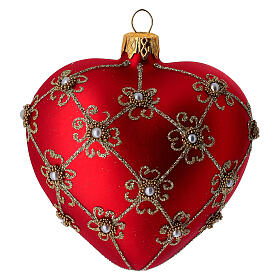 Boule coeur rouge mat filet or perles verre soufflé 100 mm