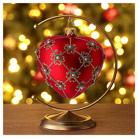 Boule coeur rouge mat filet or perles verre soufflé 100 mm