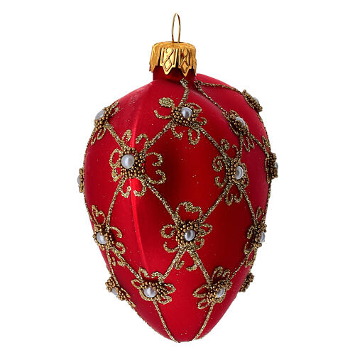Opaque red heart bauble with gold mesh and blown glass pearls 100 mm 4