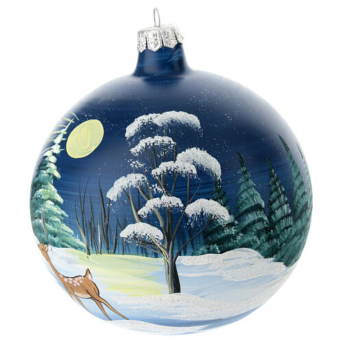 Weihnachtskugel, Weihnachtsmann mit Rehkitz, mundgeblasenes Glas, blau – Ø 12 cm 3