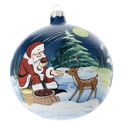 Blue Christmas ball with Santa and a fawn, blown glass, 120 mm 1