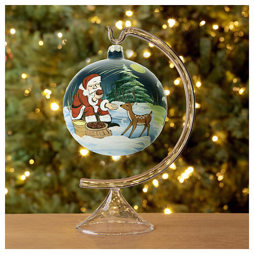 Blue Christmas ball with Santa and a fawn, blown glass, 120 mm 3