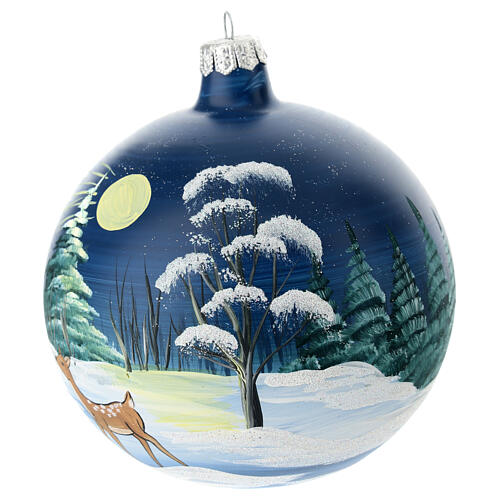 Blue Christmas ball with Santa and a fawn, blown glass, 120 mm 5