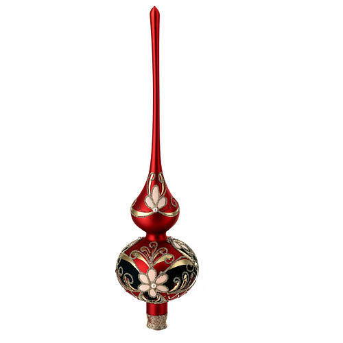 Christmas tree topper of opaque red blown glass, white and green floral pattern, 35 cm 1
