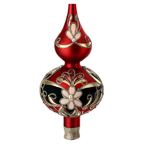 Christmas tree topper of opaque red blown glass, white and green floral pattern, 35 cm 3