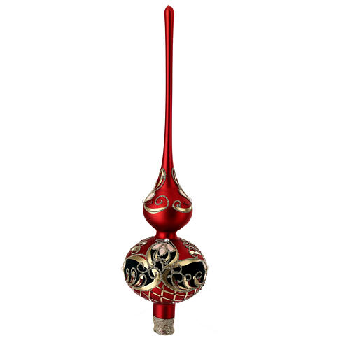 Christmas tree topper of opaque red blown glass, white and green floral pattern, 35 cm 5
