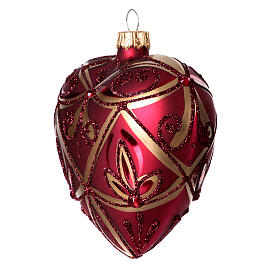 Heart-shaped Christmas ball, opaque burgundy with golden and glittery red pattern of lines and flowers, blown glass, 100 mm
