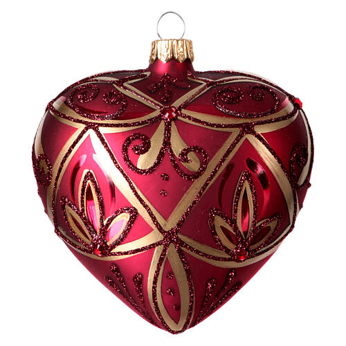 Heart-shaped Christmas ball, opaque burgundy with golden and glittery red pattern of lines and flowers, blown glass, 100 mm 1