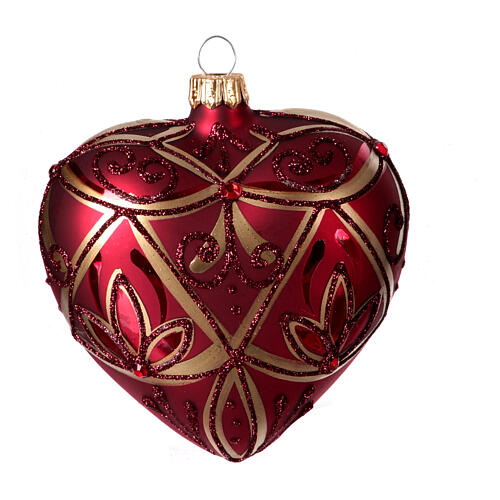 Heart-shaped Christmas ball, opaque burgundy with golden and glittery red pattern of lines and flowers, blown glass, 100 mm 3