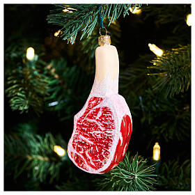 Tomahawk steak, Christmas tree ornament, blown glass, h 5 in