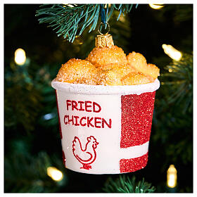 Fried chicken bucket, Christmas tree ornament, blown glass, h 3.5 in