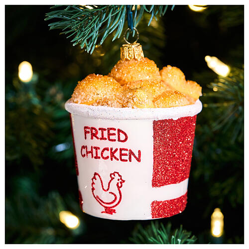 Fried chicken bucket, Christmas tree ornament, blown glass, h 3.5 in 2