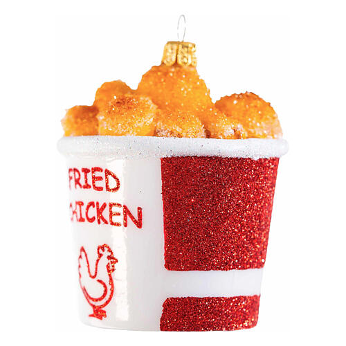 Fried chicken bucket, Christmas tree ornament, blown glass, h 3.5 in 3