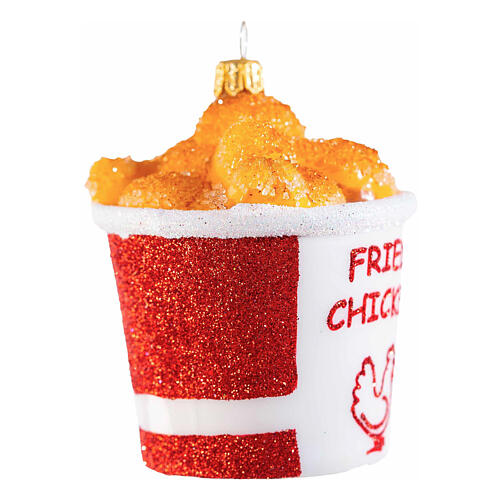 Fried chicken bucket, Christmas tree ornament, blown glass, h 3.5 in 4