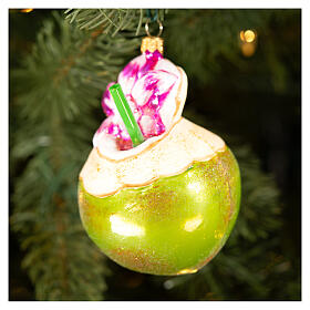 Freshly cut coconut Christmas tree blown glass ornament, height 10 cm