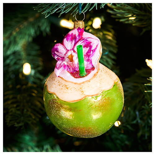 Freshly cut coconut Christmas tree blown glass ornament, height 10 cm 2