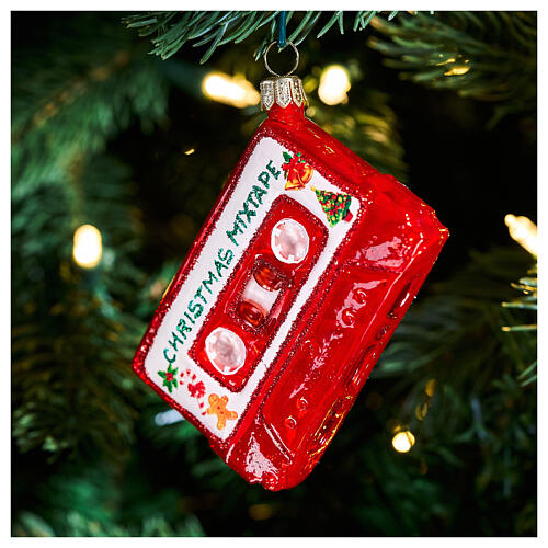 Addobbo musicassetta albero Natale vetro soffiato altezza 8 cm 2