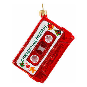 Blown glass Christmas tree music cassette ornament, height 8 cm
