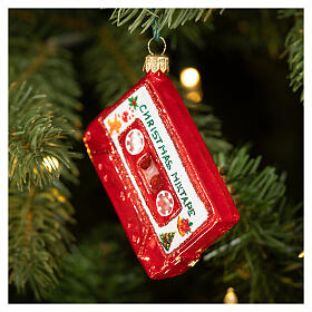 Blown glass Christmas tree music cassette ornament, height 8 cm