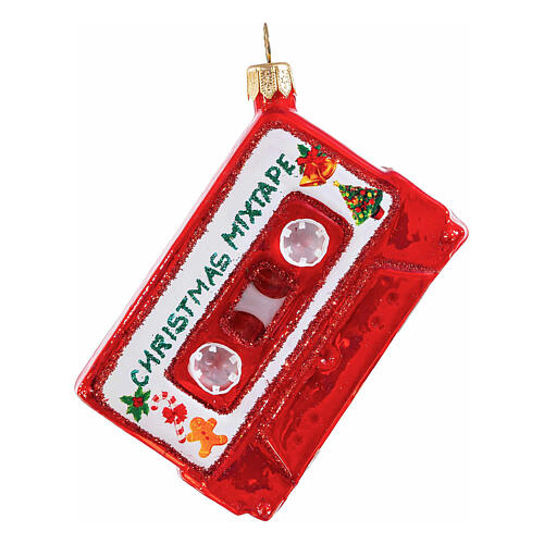 Blown glass Christmas tree music cassette ornament, height 8 cm 1