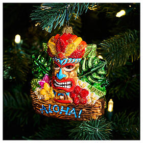 Christmas tree decoration: Aloha tiki character, blown glass, 4 in