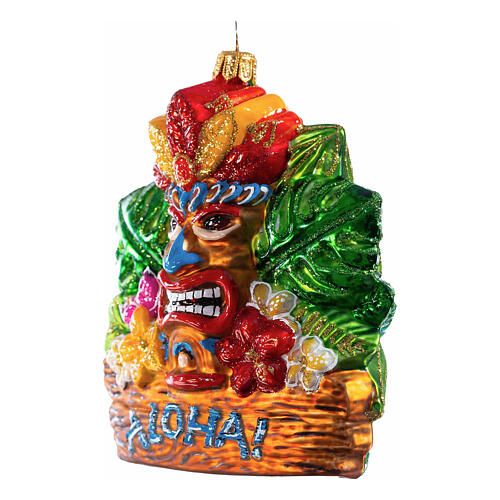 Christmas tree decoration: Aloha tiki character, blown glass, 4 in 3