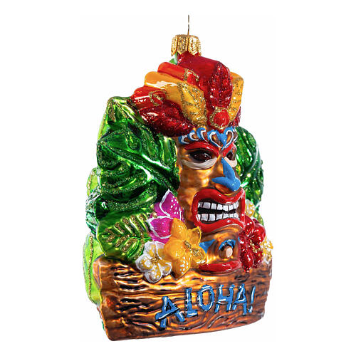 Christmas tree decoration: Aloha tiki character, blown glass, 4 in 4