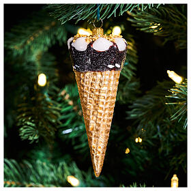 Christmas tree decoration: ice cream cone, blown glass, 5 in