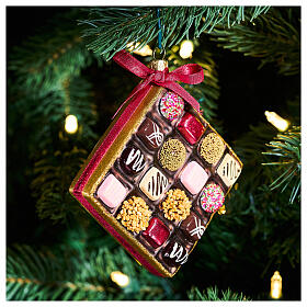 Chocolate box Christmas ornament, blown glass, 5 in