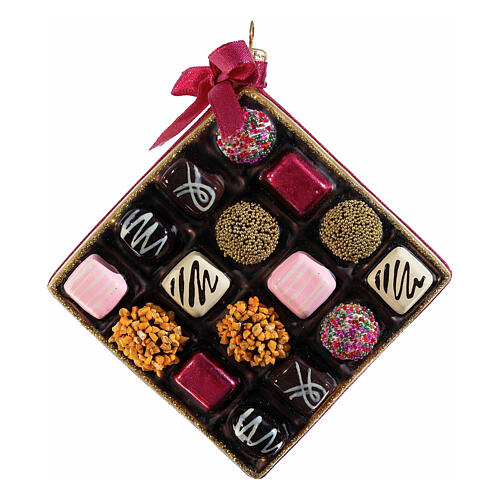 Chocolate box Christmas ornament, blown glass, 5 in 1