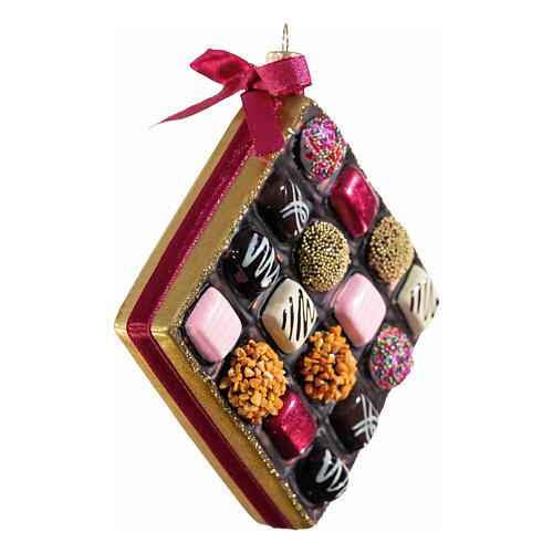 Chocolate box Christmas ornament, blown glass, 5 in 4