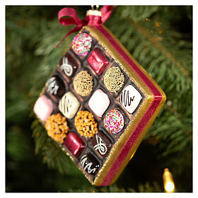 Chocolate box blown glass Christmas ornament, height 11 cm