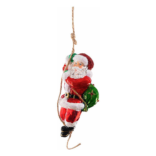 Santa climbing a rope, Christmas ornament, blown glass, 5 in 3