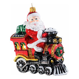 Santa Claus on a locomotive, Christmas ornament, blown glass, 5 in